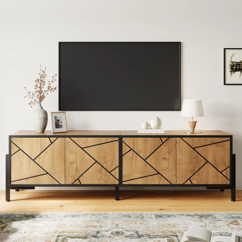 Comodă TV joasă, cu design geometric contrastant, potrivită pentru televizoare de până la aprox. 65 inch, 153x40x50 cm, Culoare naturală