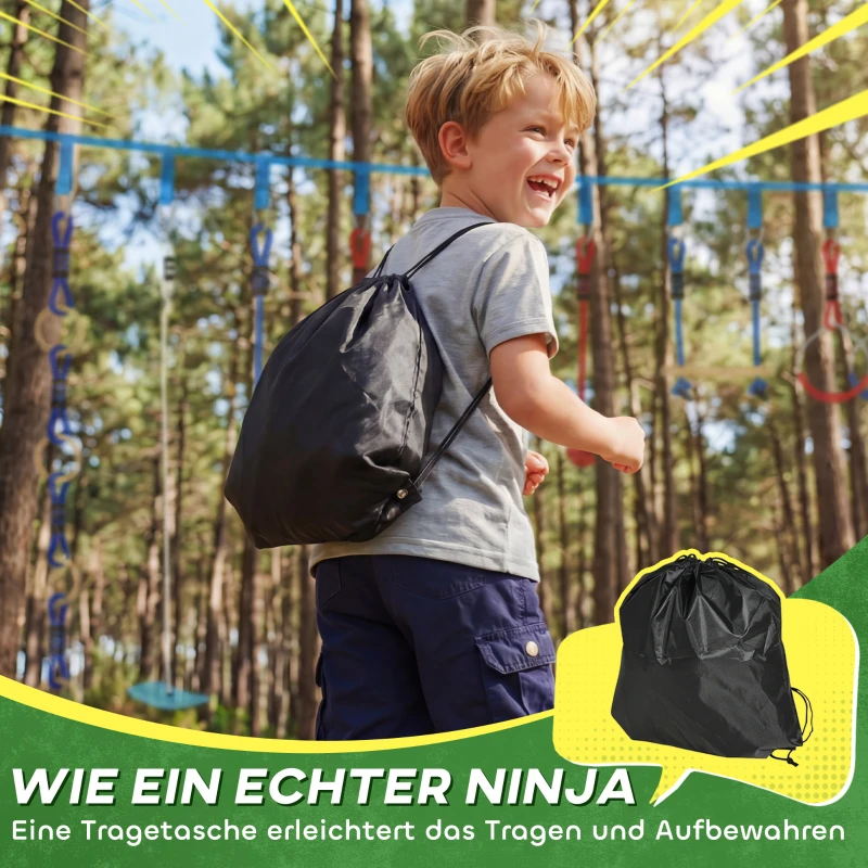 AIYAPLAY Ninja Line Kinder 10m 9-teilig Slackline Set mit 2 Turnringe 3-in-1 Schaukel 2 Kletterstange für 3-8 Jahre Mehrfarbig