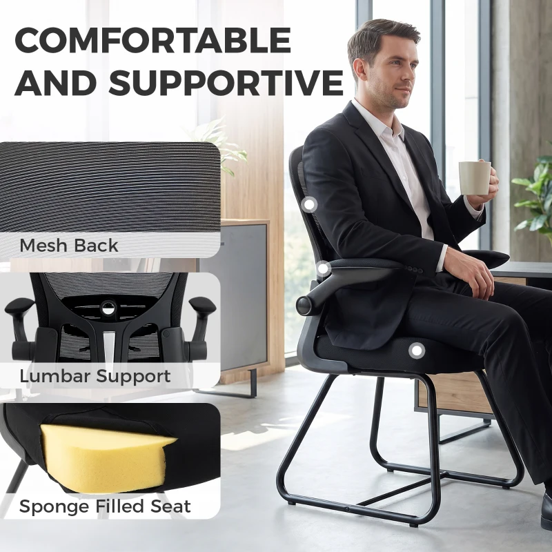 HOMCOM Reception Chair, Conference Meeting Office Chair with Flip-up Armrest, Mesh Backrest, Lumbar Support and Metal Base
