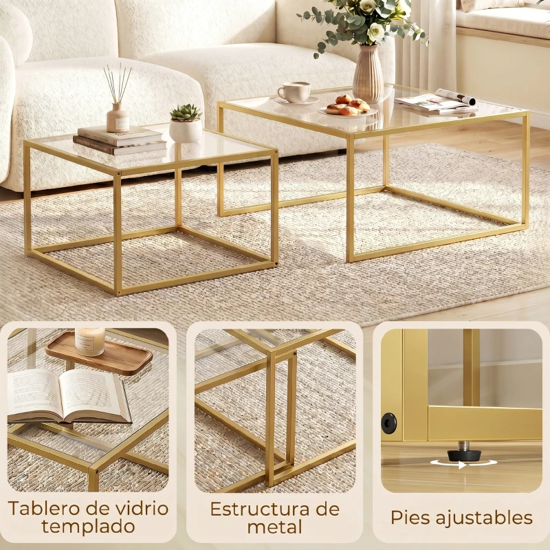 HOMCOM 2 Mesas de Centro Cuadradas Mesas Nido Modernas con Tablero de Vidrio Templado y Estructura Metálica 75x75x42 cm Dorado