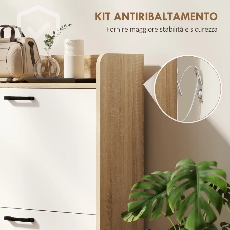 HOMCOM Scarpiera Slim con 2 Cassetti Ribaltabili e 3 Vani Aperti, Capacità 15 Scarpe, 83x24x90.5 cm, Color Legno e Bianco