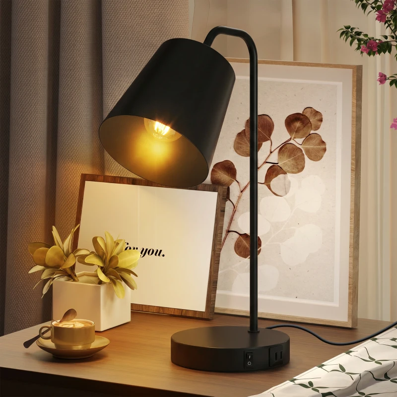 HOMCOM Set de Lámparas de Mesa 2 Unidades Lámparas Modernas con Puerto USB-A y USB-C para Dormitorio Salón y Oficina Negro