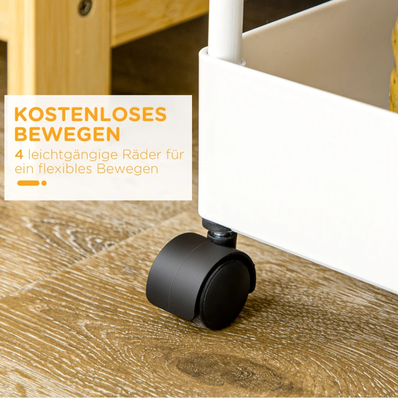 HOMCOM keukenwagen met 4 schappen, 3 flexibele haken, 4 wielen, 40 cm x 19 cm x 90 cm, wit