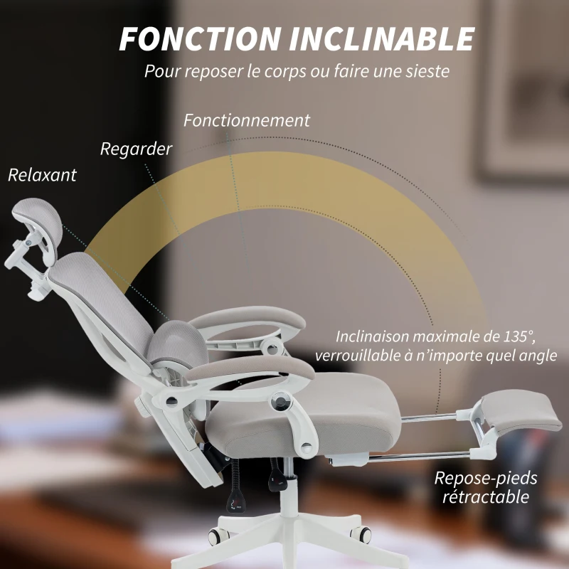 HOMCOM Scaun de birou ergonomic cu tetieră reglabilă, fotoliu de birou rabatabil din plasă, spătar separat, gri
