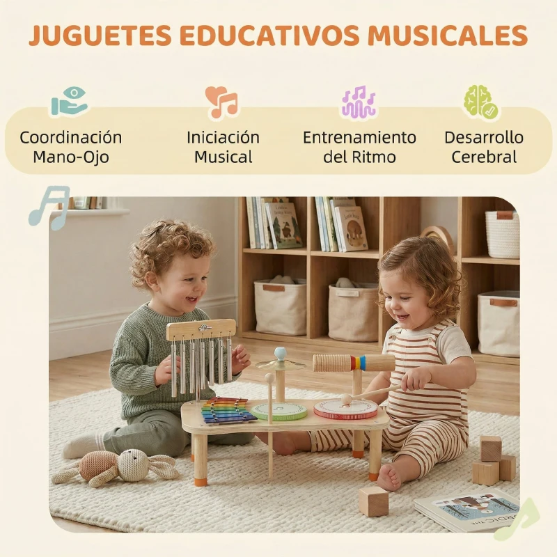 AIYAPLAY Instrumentos Musicales Infantiles de Madera Montessori con Tambor Xilófono Doble Tono Platillo Campana de Viento