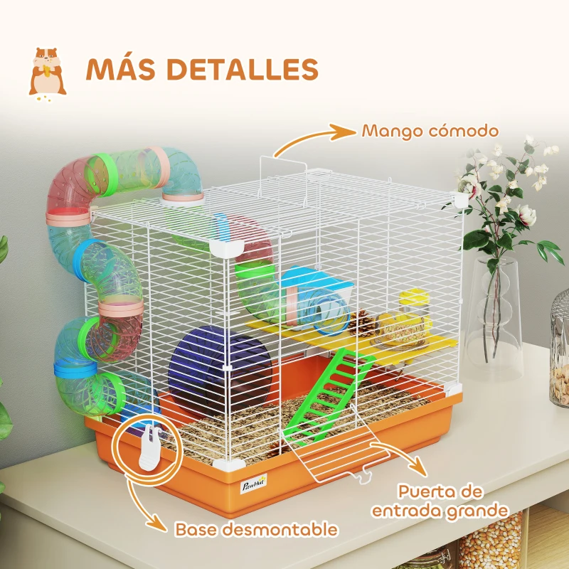 PawHut Jaula para Hámster con Túnel Cuenco Bebedero Casita Rampa Rueda de Ejercicio Bandeja Extraíble 46x30x37 cm Naranja