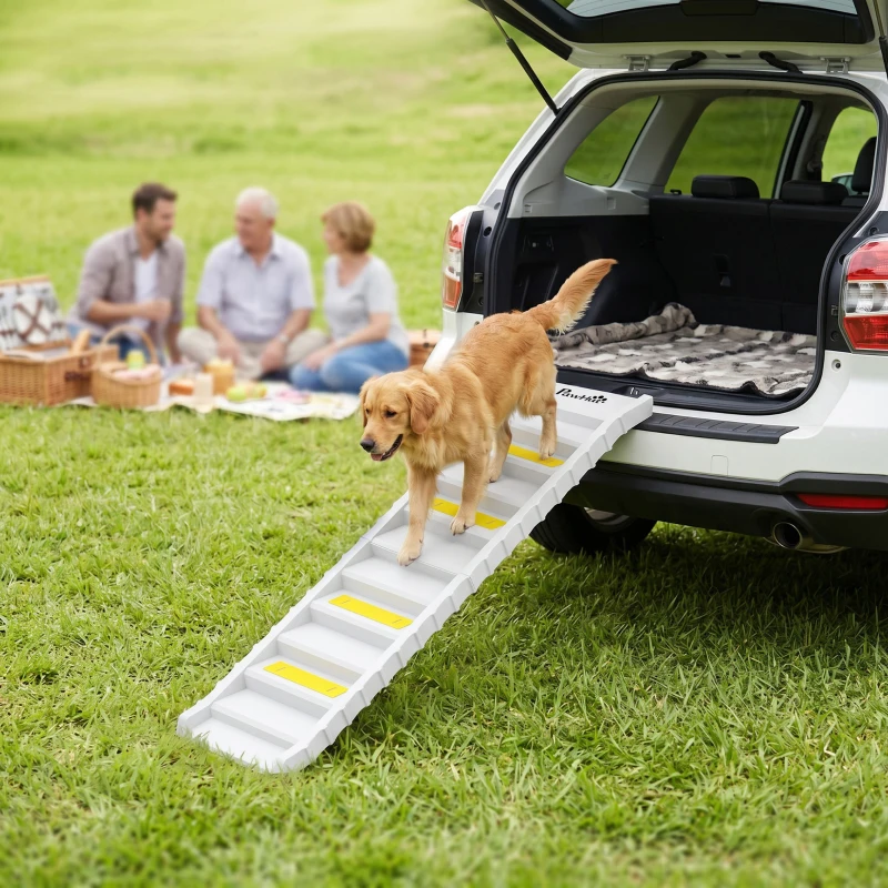 PawHut Rampe Pliable pour Chiens pour Voiture et Lits Hauts à 10 Marches avec Bandes et Tapis Antidérapants, Blanc