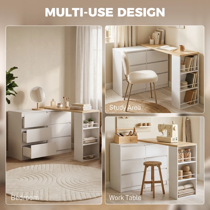HOMCOM Vanity Table, Dressing Table with 6 Drawers and 3-Tier Shelf for Women and Girls, White