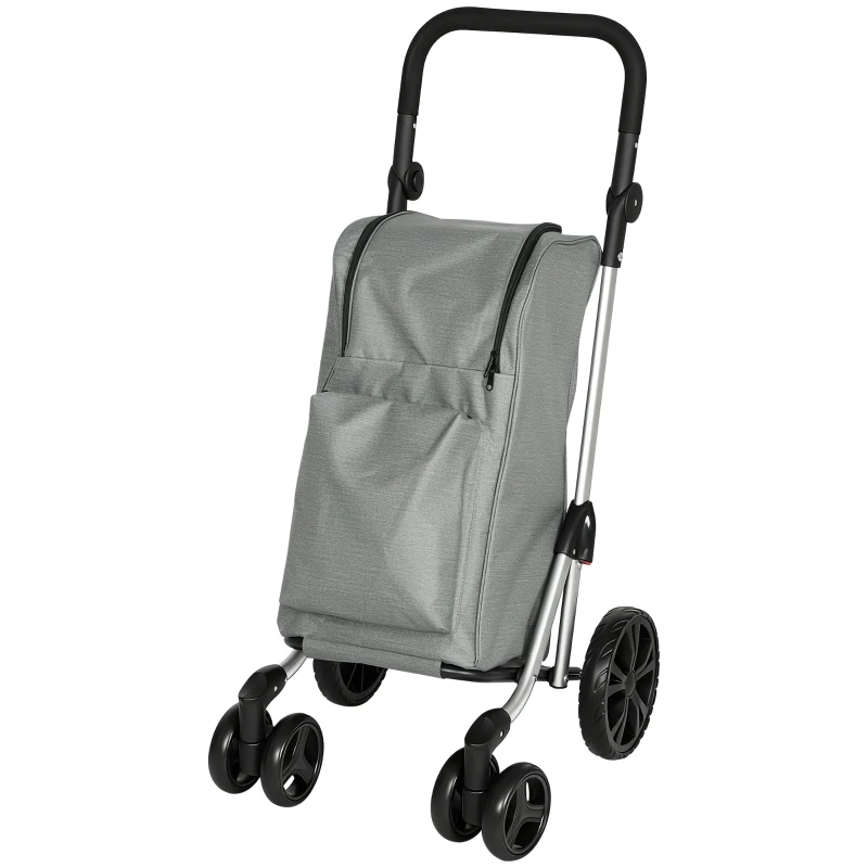 HOMCOM Cărucior de Cumpărături Pliabil din Aluminiu cu Roți, Geantă de 46L, Compartiment Frigorific, Mâner Reglabil, Gri