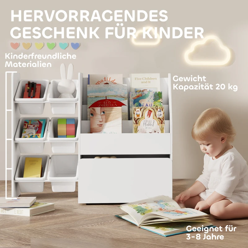 AIYAPLAY Spielzeugregal, Kinderzimmerregal mit 6 Behälter, Bücherablage, rollbare Box, 100 x 30 x 80 cm, MDF, Stahl, Weiß