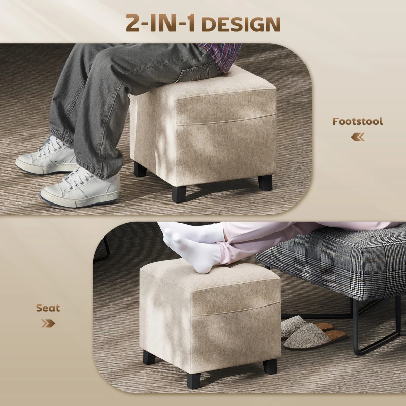 HOMCOM Small Ottoman, Square Footstool with Side Pocket, Rubber Wood Legs and Padded Seat for Living Room, Beige