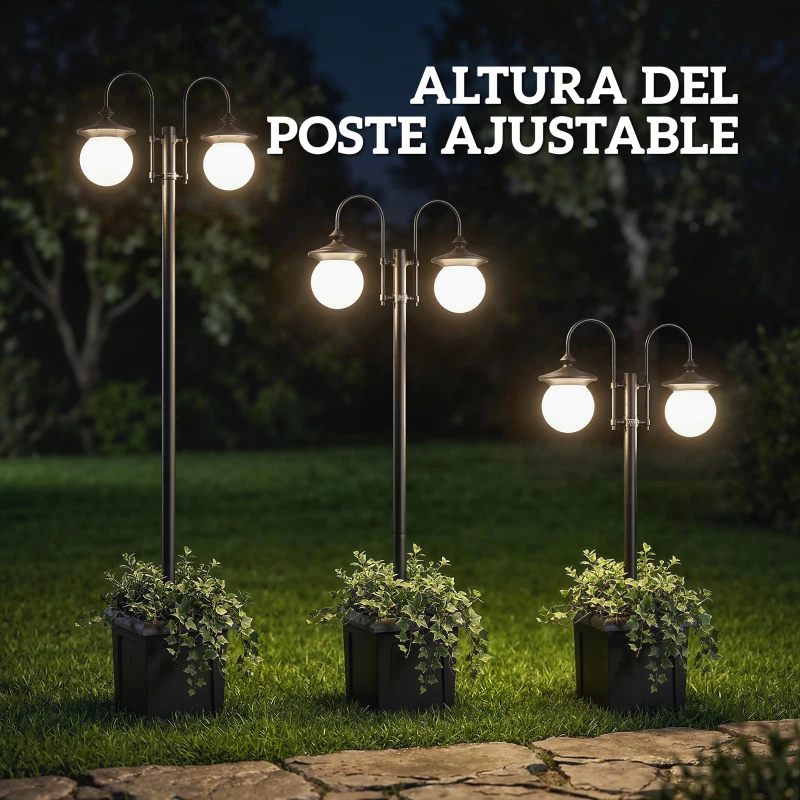 Outsunny Farola Solar Exterior de Jardín con Macetero 2 Cabezales Impermeable IP44 Encendido/Apagado Automático Altura Ajustable