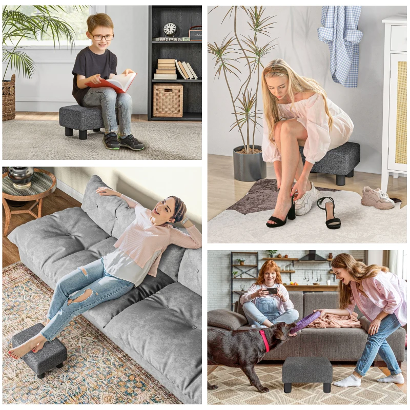 HOMCOM Voetenbank, Gestoffeerde Kruk met Linnen-Look Stofbekleding, Schuimvulling, Kunststof Poten, voor Diverse Kamers, Grijs(m-6)