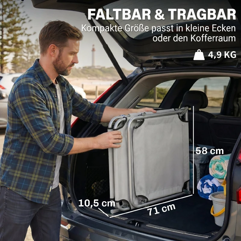 Outsunny Klapbare ligstoel met zonnescherm, verstelbare rugleuning, metalen frame, 187 x 58 x 36 cm, lichtgrijs