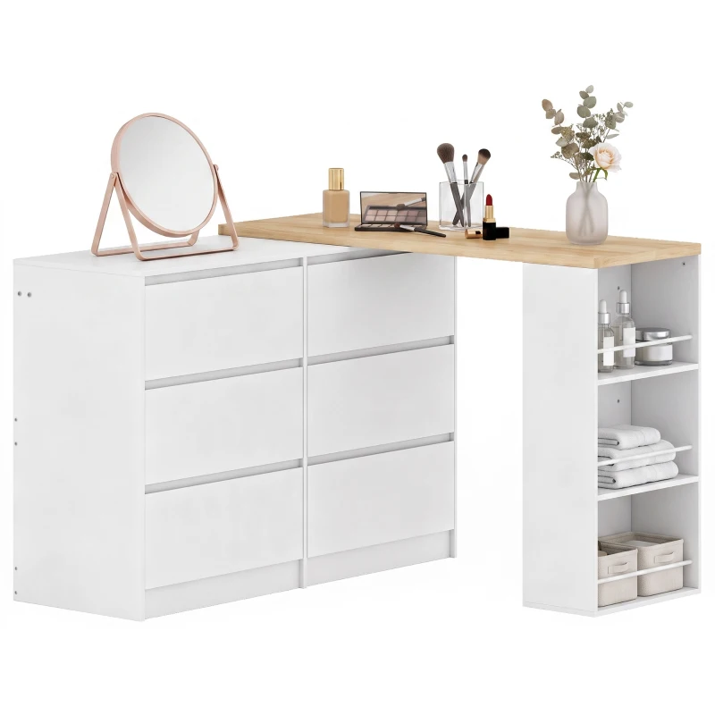 HOMCOM Vanity Table, Dressing Table with 6 Drawers and 3-Tier Shelf for Women and Girls, White