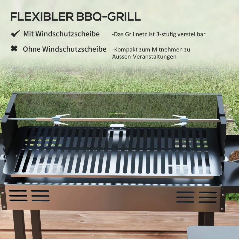 Outsunny Houtskoolgrill BBQ-Grill, verstelbaar rooster, 1 draaispies, 118 x 32 x 90 cm, Zwart + Zilver