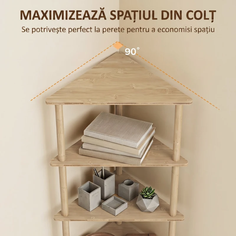 HOMCOM Etajeră de Colț din Bambus cu 5 Rafturi, pentru Casă, Finisaj Natural