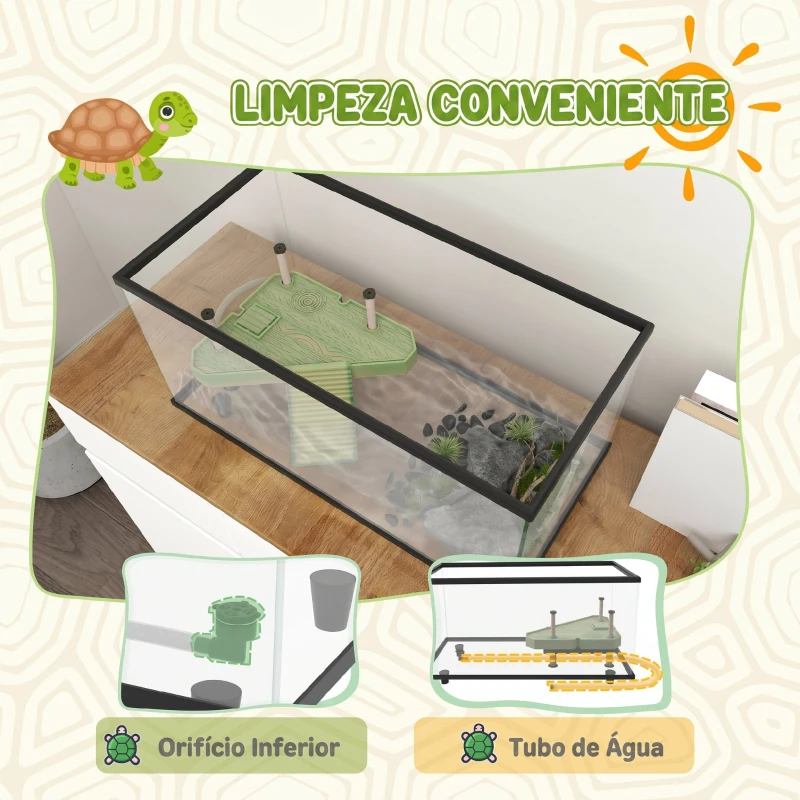 PawHut Aquário para Tartarugas 50 L com Plataforma Rampa e Termómetro 60x30x32 cm Transparente