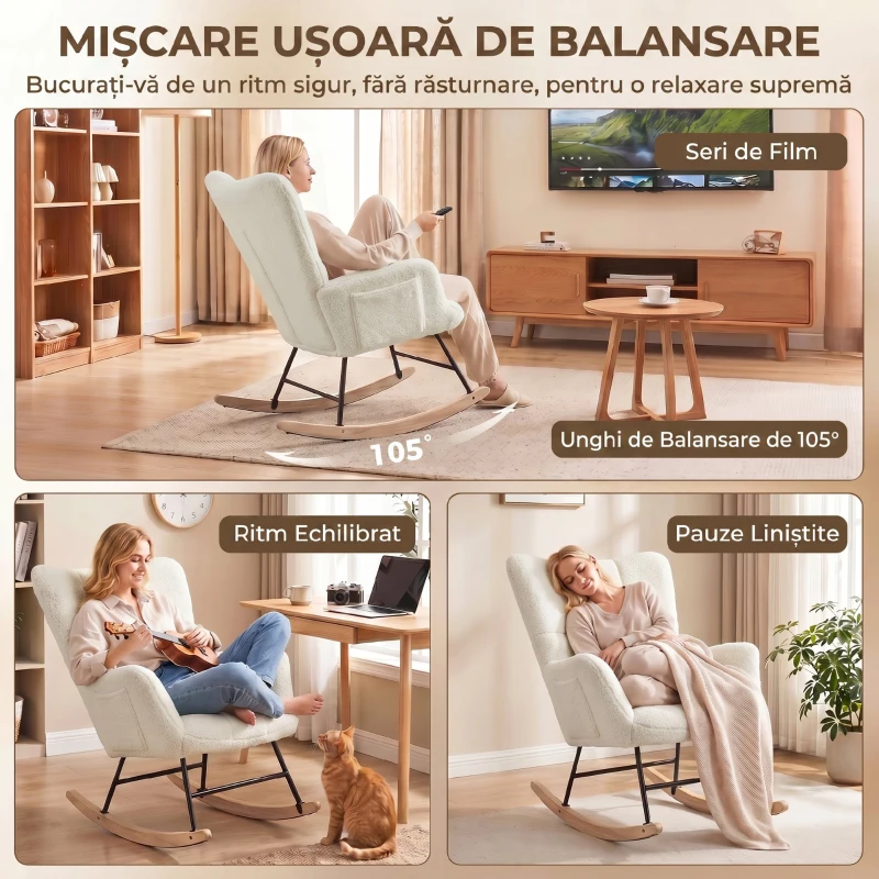 HOMCOM Scaun Balansoar Matlasat cu Buzunare Laterale, Alb Crem