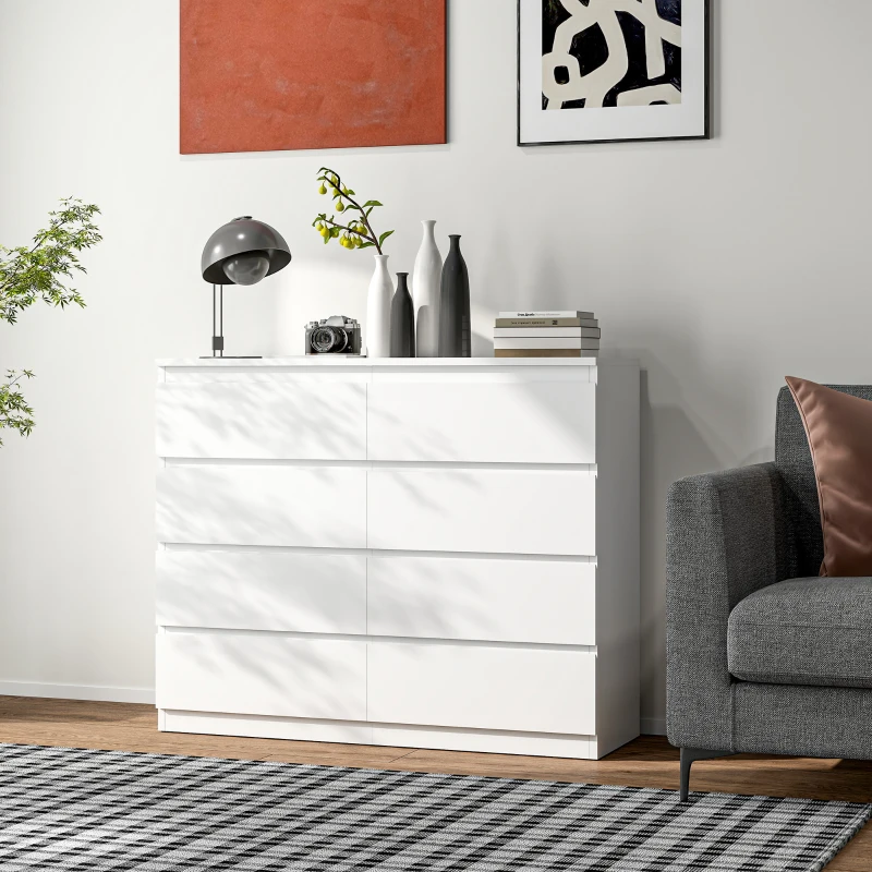 HOMCOM Cassettiera Camera da Letto 8 Cassetti, Comò Camera da Letto in Legno con Piedini Antiscivolo, 120x39x100 cm, Bianco