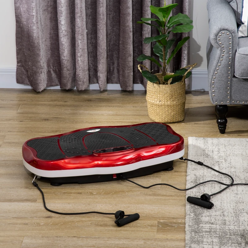 HOMCOM Plataforma Vibratória Placa de Vibração com Ecrã LED Velocidade Ajustável USB Música Controlo Remoto e Corda Elástica para Treinamento em Casa 78x45x13cm Preto e Vermelho