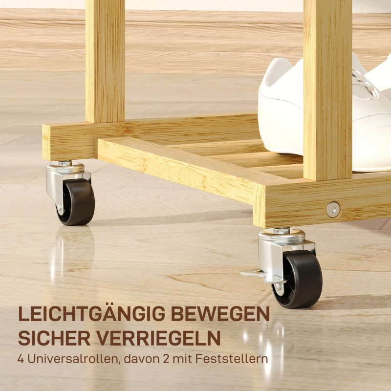 HOMCOM Kledingrek op wielen, garderoberek met kledingstang, schoenenplaat, van bamboe, 80 x 40 x 160 cm, natuur