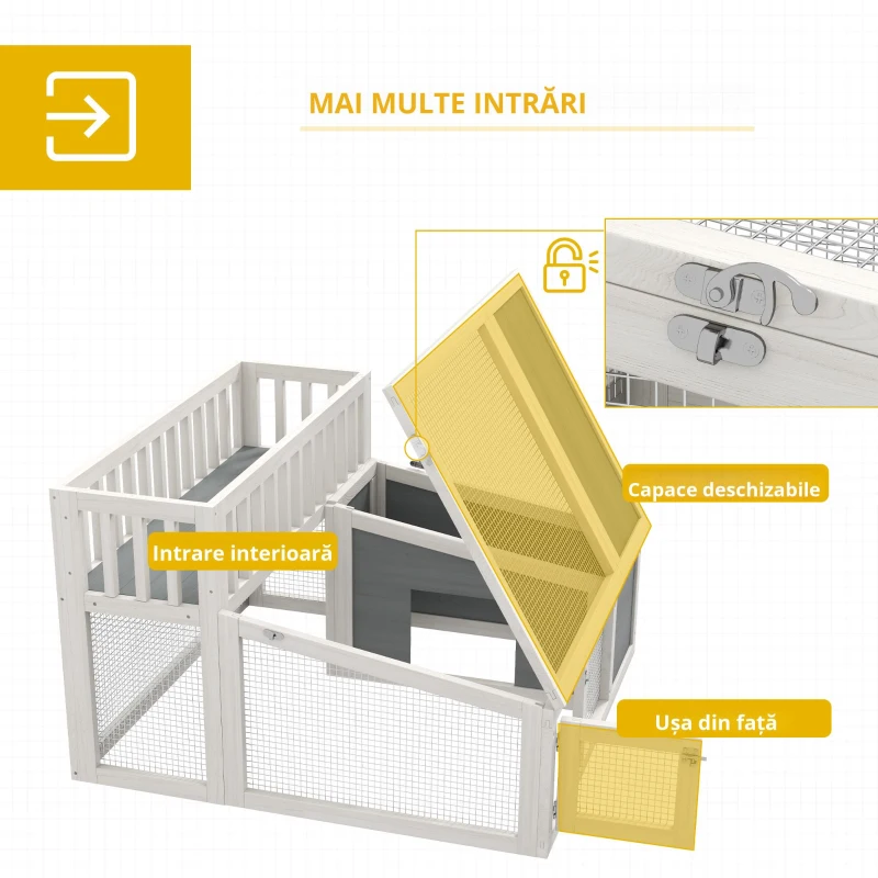 PawHut Cușcă, cușcă pentru iepure din lemn cu raft pentru plante spațiu mare din lemn, mai multe uși Dim. 94L x 90l x 60Î cm