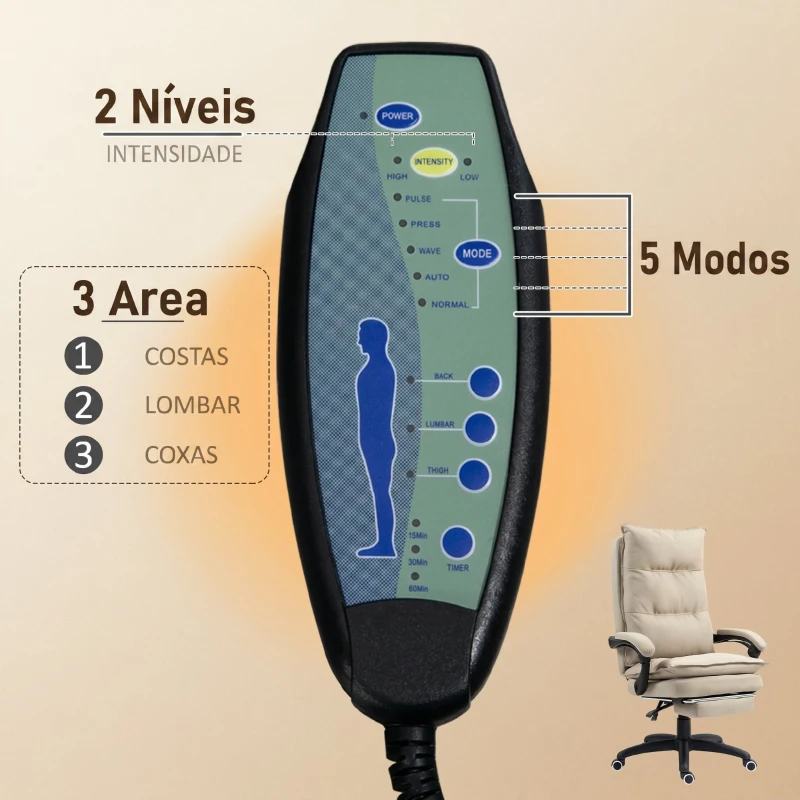 Vinsetto Cadeira de Secretária com Massagem, Altura Regulável, Encosto Reclinável, Apoio para os Pés, Giratória 360°, Bege