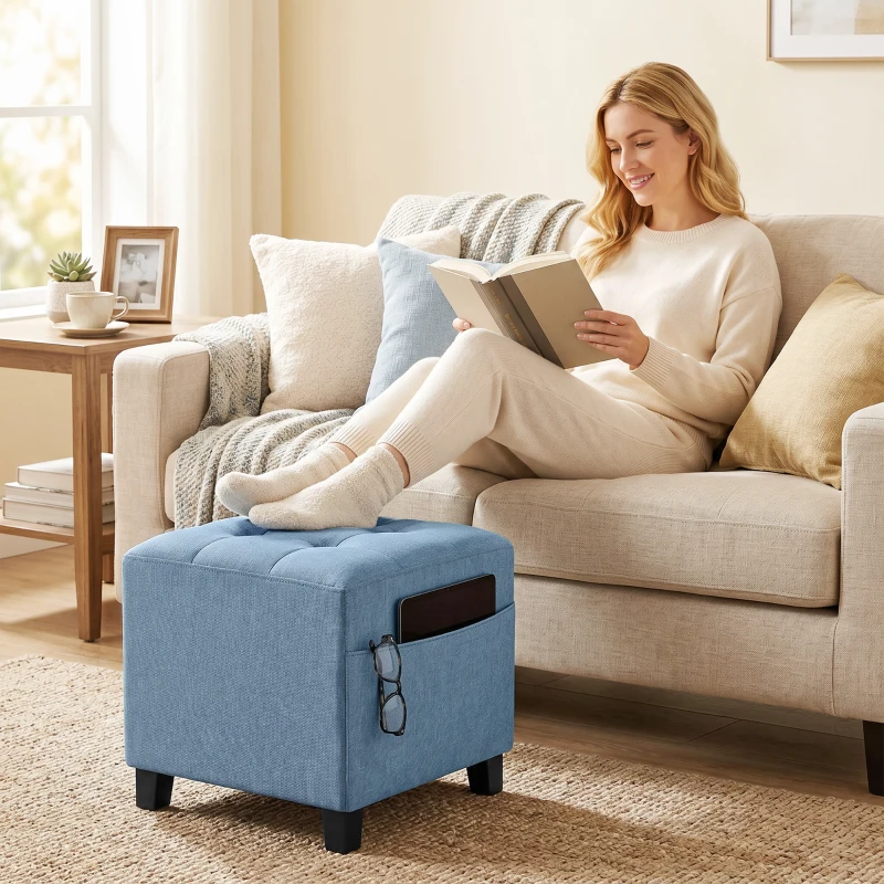 HOMCOM Small Ottoman, Square Footstool with Side Pocket, Rubber Wood Legs and Padded Seat for Living Room, Dark Blue