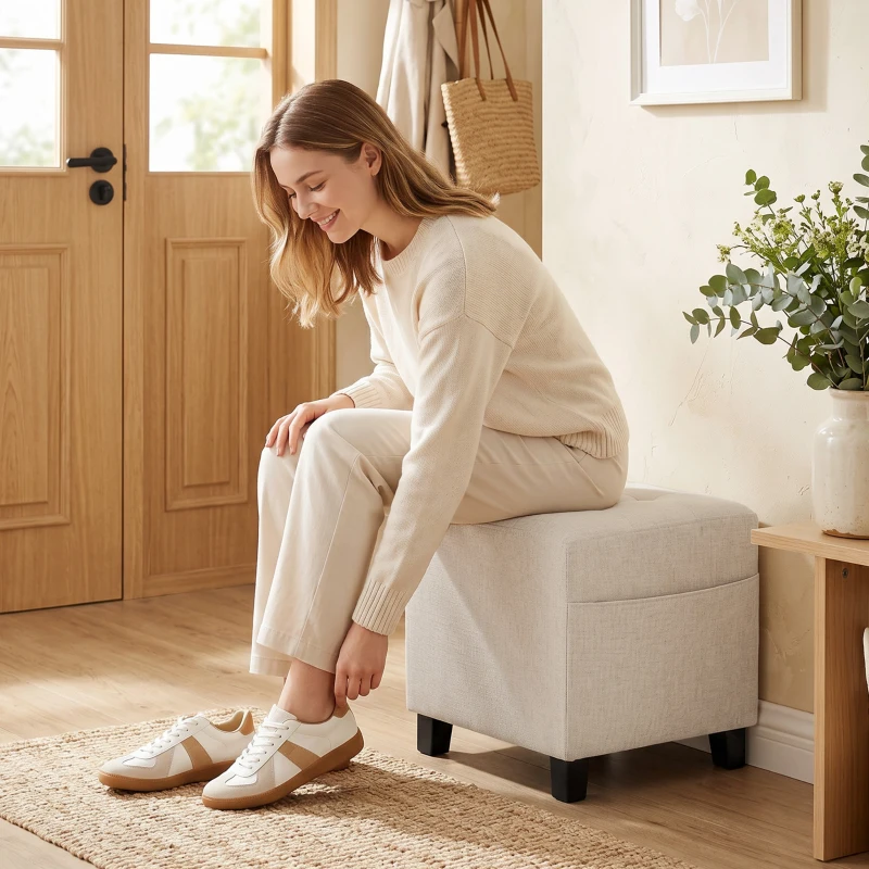 HOMCOM Small Ottoman, Square Footstool with Side Pocket, Rubber Wood Legs and Padded Seat for Living Room, Beige