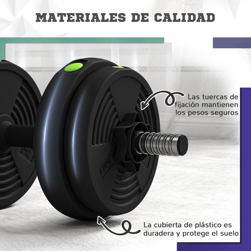 SPORTNOW Juego de Mancuernas Ajustables 15 kg 2 en 1 con Barras Conexión y Mangos Antideslizantes para Gimnasio en Casa Negro
