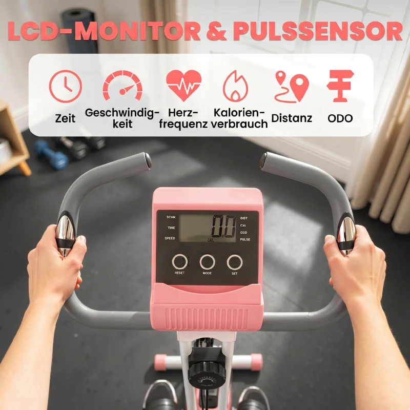 HOMCOM Vélo d'Appartement Pliable 4-en-1 - Ergomètre Magnétique Silencieux avec Cordes de Résistance - Sport Maison et Cardio-training avec Roulettes, Selle Confort et LCD (Max 120kg), Rose