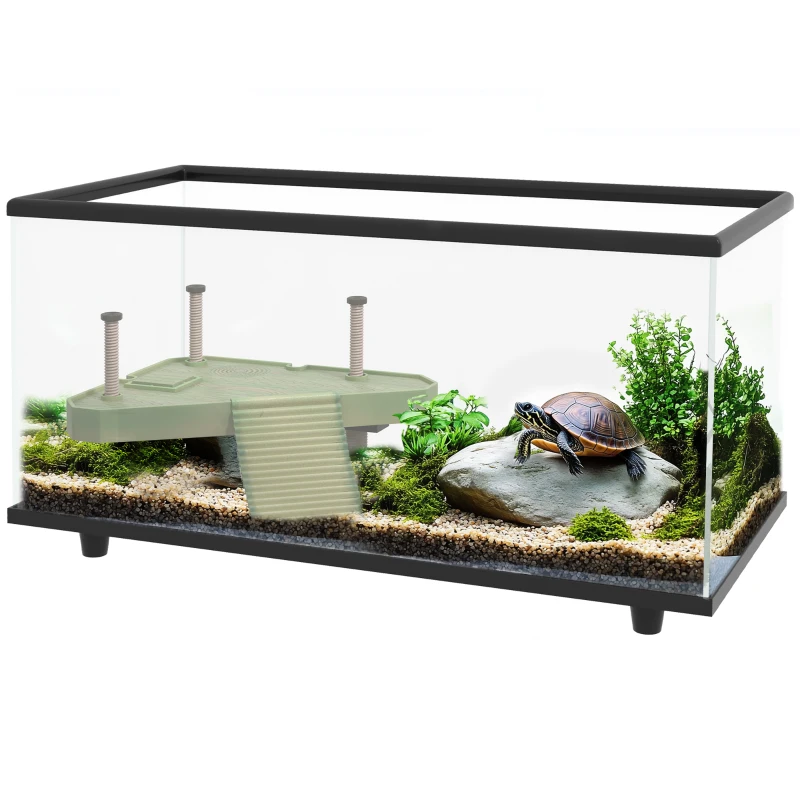 PawHut Aquarium pour Tortues 50 L Terrarium pour Petites Tortues avec Plateforme Rampe et Thermomètre 60x30x32 cm Transparent