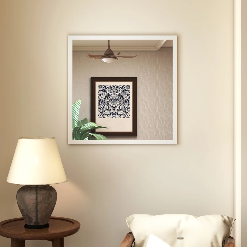 HOMCOM Miroir mural carré 50 x 50 cm, cadre en bois blanc, idéal pour la salle de bain, salon ou chambre