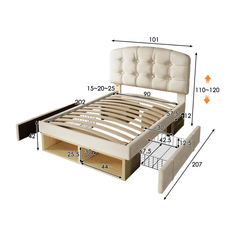 Polsterbett 90x200, dreifach höhenverstellbar, integrierte Schubladen und Staufächer, 207x101x120 cm, Beige