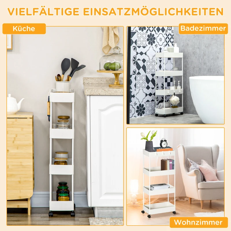 HOMCOM keukenwagen met 4 schappen, 3 flexibele haken, 4 wielen, 40 cm x 19 cm x 90 cm, wit