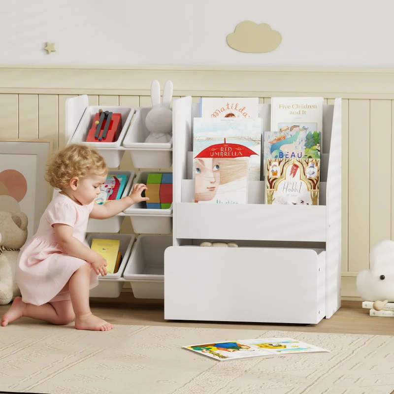 AIYAPLAY Spielzeugregal, Kinderzimmerregal mit 6 Behälter, Bücherablage, rollbare Box, 100 x 30 x 80 cm, MDF, Stahl, Weiß