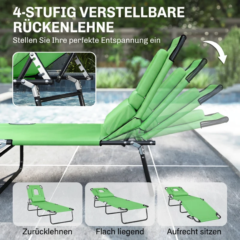 Outsunny Zonneligstoel met Leesvenster & Kussens, Inklapbaar, Waterafstotende Hoes, Metalen Frame, 187 x 58 x 36 cm, Groen