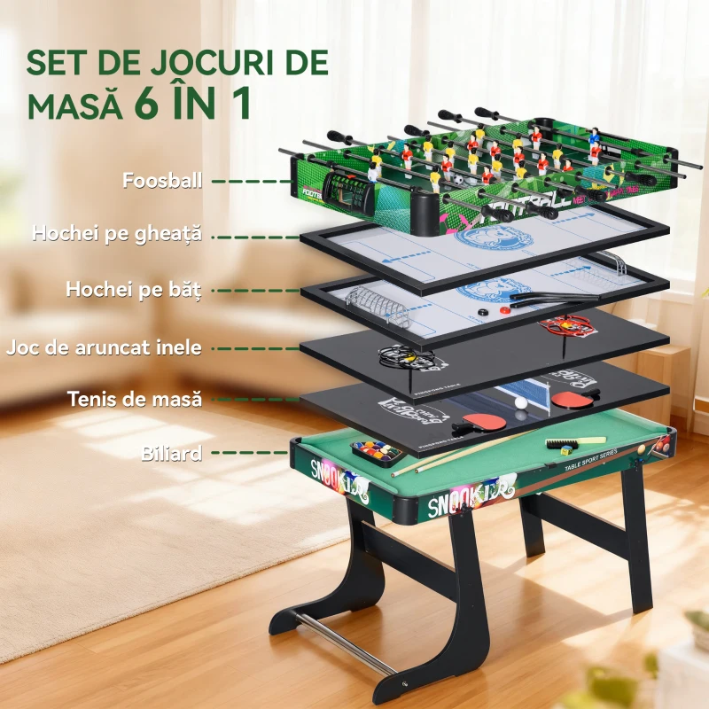 HOMCOM Masă de Joc 6 în 1 cu Fotbal de Masă, Biliard, Air Hockey, Ping Pong, Inele și Hochei pe Iarbă, 118x104x71 cm