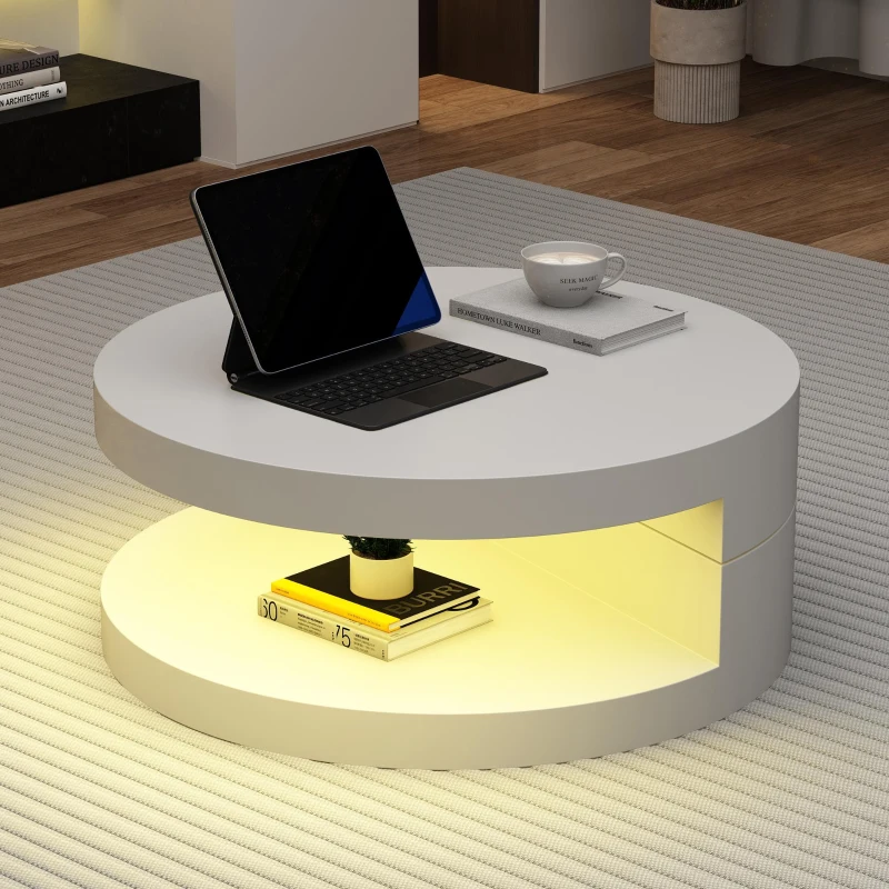 Masă de cafea cilindrică cu blat rotativ la 360°, bandă LED, construcție cu 2 straturi, 70x70x35,5 cm, Alb