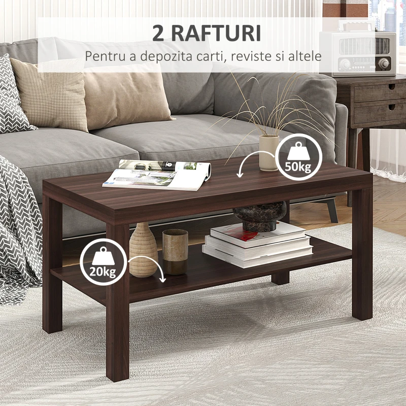 HOMCOM Măsuță de Cafea Rectangulară Clasică cu Raft Spațios de Depozitare din Lemn 90×45×44.5cm