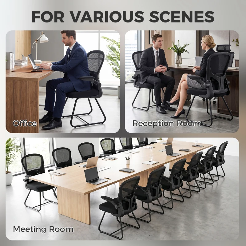 HOMCOM Reception Chair, Conference Meeting Office Chair with Flip-up Armrest, Mesh Backrest, Lumbar Support and Metal Base