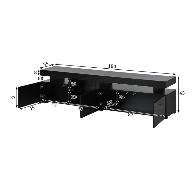 TV-Lowboard mit Hochglanz-Front, verstellbare Trennwand aus gehärtetem Glas, geeignet für Fernseher bis ca. 80 Zoll, 180x35x45 cm, Schwarz
