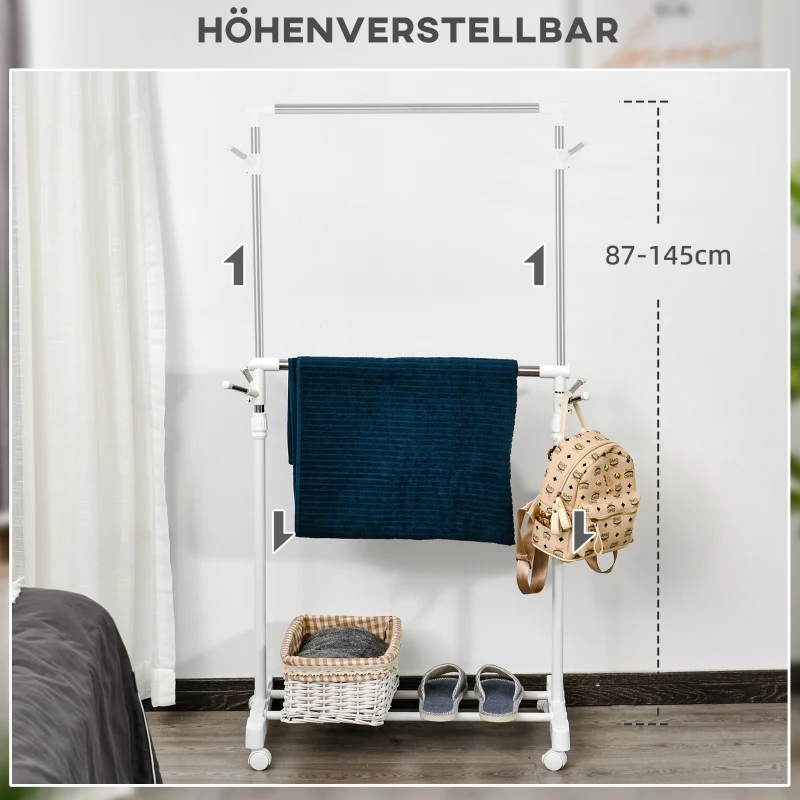 HOMCOM Rollende garderobestander, hoogteverstelbaar, met onderste plank, 4 wielen, Wit
