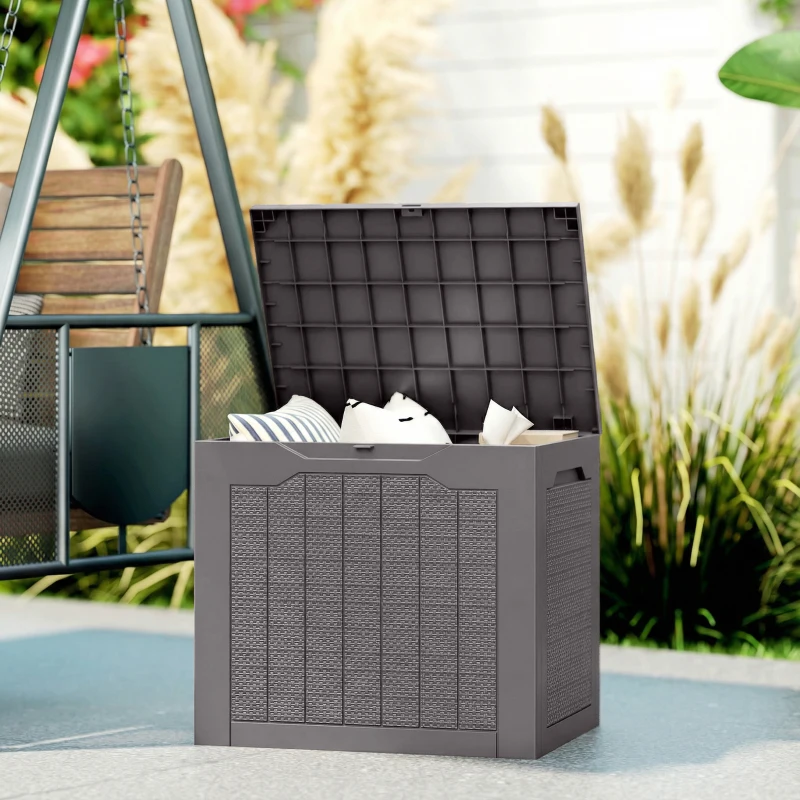 Outsunny Coffre de rangement extérieur 97L avec poignées encastrées, malle de rangement extérieur étanche 56 x 41 x 50 cm, marron