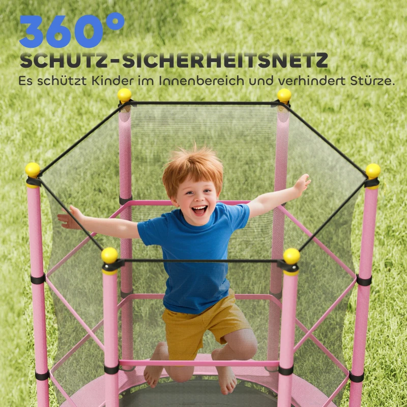 HOMCOM Trampolin für Kinder, Ø140 cm, mit Sicherheitsnetz, für innen und außen, Stahl, Kunststoff, belastbar bis 50 kg, Rosa