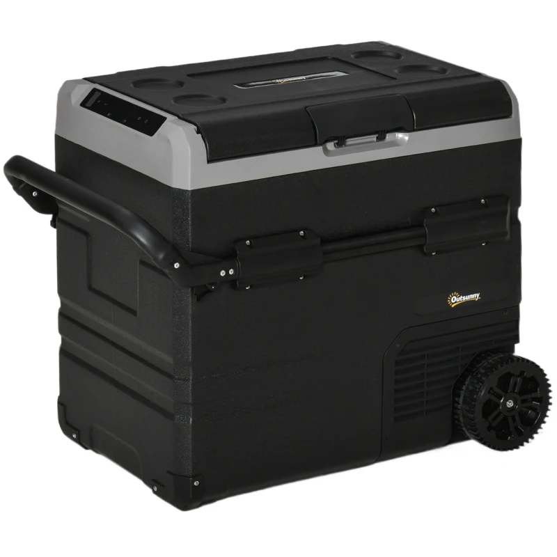Outsunny Geleira Elétrica de Compressor Portátil 45L Geleira de Carro CC 12V/24V Temperatura até -20℃ com Tela Tátil Alça Retrátil e Rodas 71,1x46x50,6cm Preto