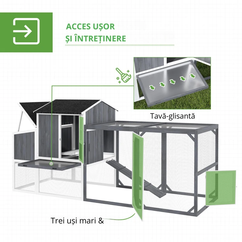 PawHut Coteț pentru găini cu tarc pentru 3-4 găini, cuib în 3 părți, suprafață 1,9 m², lemn de brad, gri