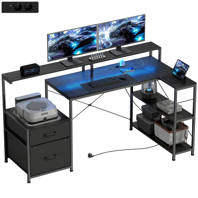 HOMCOM Gamingbureau L-vormig bureau met LED & stopcontacten, met dubbel monitorhouder, 165x80x91,5 cm, zwarte houtlook