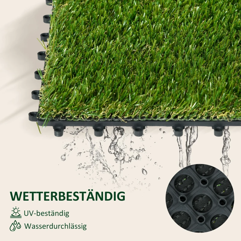 Outsunny Kunstgras, natuurgetrouw, met drainagefunctie, 11K vezels/m², 25mm hoogte, set van 10 stuks van 30x30cm, groen